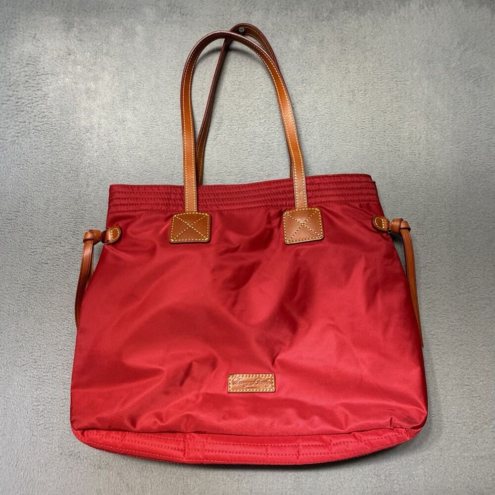 Dooney & Bourke Women’s Red Nylon Tote Bag Tan Leather Trim Shoulder Purse